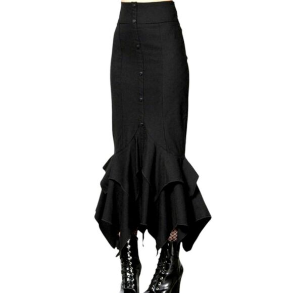 Killstar Dresses & Skirts - KILLSTAR black Devina goth witchy stretch button front ruffle maxi skirt M